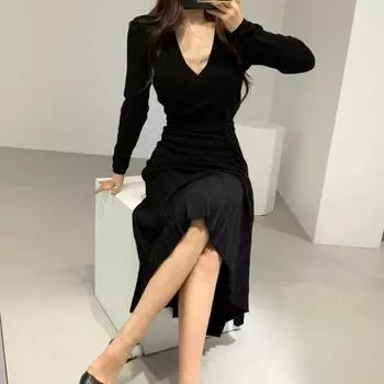 Эластичное женское трикотажное облегающее платье-карандаш, новинка 2024 года, весна-зима, однотонное платье Vestidos с длинным рукавом и v-образным вырезом, тонкое женское шикарное корейское платье S бежевый