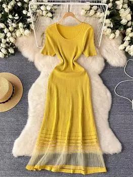 Эластичные элегантные трикотажные платья в полоску для пожилых людей с круглым вырезом и короткими рукавами, сетчатое платье в стиле пэчворк, женская летняя винтажная одежда, шикарная длинная одежда One Size синий