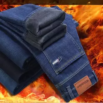 Эластичные бархатные утолщенные мужские джинсы прямые свободные повседневные большие ярды зимние хлопковые модные теплые длинные брюки 28