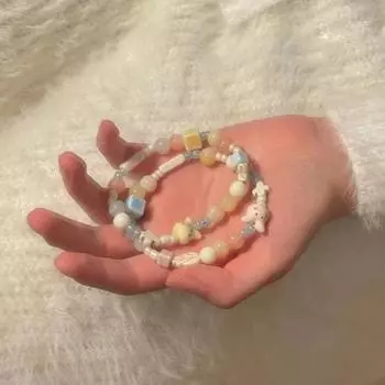 Эластичные браслеты из керамических бусин, нежные украшения в виде кроликов, милые круглые и квадратные браслеты из бусин розовый