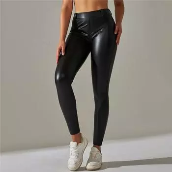 Эластичные брюки из искусственной кожи для женщин, обтягивающие талию и ягодицы, для ношения на улице, леггинсы для йоги, фитнеса с карманами, спортивные брюки S серый