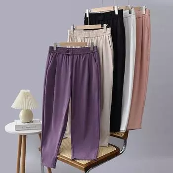 Эластичные длинные брюки с высокой талией для женщин, однотонные базовые простые рабочие брюки, повседневные модные узкие рабочие брюки с пакетами, дышащие удобные брюки большого размера XL фиолетовый