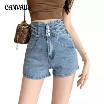 Эластичные джинсовые шорты для похудения на пуговицах, женские прямые шорты с широкими штанинами и ультра высокой талией на животе S чёрный