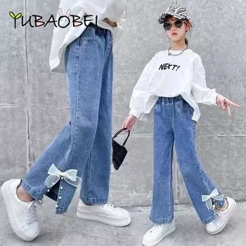 Эластичные джинсы для девочек, брюки с мультяшным принтом, весна-лето 2024, детская одежда, повседневные брюки, брюки-клеш с цветочным принтом 150