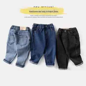 Эластичные джинсы для мальчиков 2025 года — весна, осень, зима, плюс бархат, свободный крой, тонкие длинные брюки 80 cm