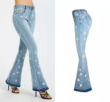 Эластичные джинсы-клеш с цветочной вышивкой S синий