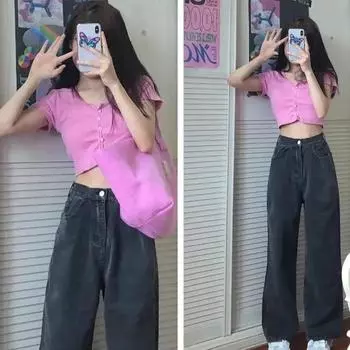 Эластичные джинсы с высокой талией. Женские свободные длинные джинсовые брюки. Широкие джинсовые брюки большого размера. Весенне-осенние повседневные прямые джинсовые брюки. XXL