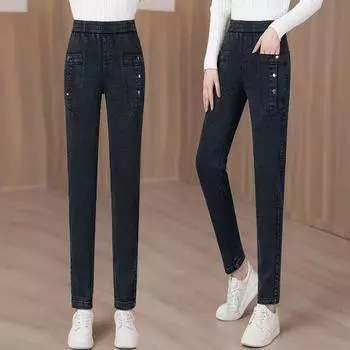 Эластичные джинсы женские осенние с высокой талией, утягивающие, замедляющие старение, универсальные повседневные шаровары, эластичные длинные брюки 34 чёрный