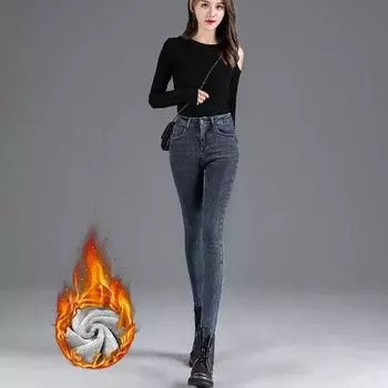 Эластичные и флисовые плотные джинсы для женщин с высокой талией выглядят стройнее S