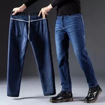 Эластичные и мягкие весенние новые плюшевые джинсы обычного кроя с небольшой прямой трубкой и универсальным мужским облегающим кроем. 28