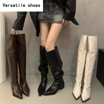 Эластичные мягкие кожаные женские сапоги выше колена, модные туфли с острым носком, осенне-зимние женские длинные сапоги на толстом каблуке 35
