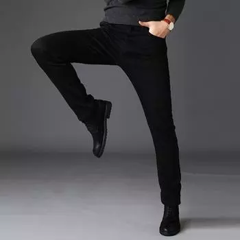 Эластичные мужские джинсы чистого черного цвета с высокой талией, небольшим прямым кроем и универсальными брюками для простой мужской одежды. 28