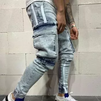 Эластичные мужские джинсы из Европы и США, модные брюки с молнией и дырками до колена S светло-синий
