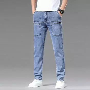 Эластичные мужские джинсы, летние новые молодежные популярные маленькие прямые брюки, мужские повседневные брюки с несколькими карманами 28 чёрный