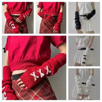 Эластичные нарукавники Y2K с бантом, теплые рукава, уличные перчатки без пальцев с бантом, черные, готические red-pink bow