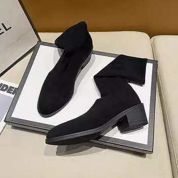 Эластичные носки и ботинки для женщин 2024 Весна/Осень/Зима Новые ретро остроносые женские ботинки с длинным рукавом большого размера 42 чёрный