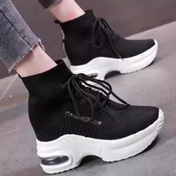 Эластичные носочные туфли с высоким верхом для женской осени 2025 года, новая дышащая повседневная обувь, легкая спортивная обувь, кроссовки женские 35 чёрный