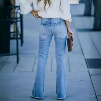 Эластичные однотонные расклешенные джинсы для женщин с высокой талией S синий