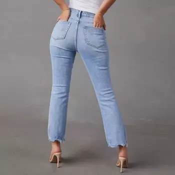 Эластичные прямые женские рваные потертые джинсы S синий