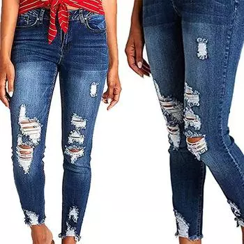 Эластичные рваные джинсы с завышенной талией и приподнятыми бедрами на небольшую ногу S синий