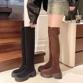 Эластичные сапоги ретро замшевые сапоги 2024 осень и зима новые модели но колено тонкие усовершенствованные тонкие эластичные сапоги увеличенная высота 35 чёрный