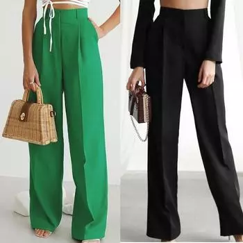 Эластичные широкие брюки с карманами, однотонные свободные брюки для женщин, брюки с высокой талией, прямые брюки, офисная одежда, прямые брюки, зеленые и черные брюки S чёрный