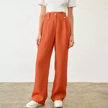 Эластичные широкие брюки с карманами, повседневные однотонные свободные брюки для женщин. Брюки с высокой талией. Шикарные прямые брюки. Одежда для офиса. Прямые брюки. Оранжевые брюки. S оранжевый