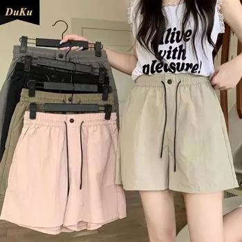 Эластичные шорты с высокой талией и широкими штанинами, быстросохнущие, повседневные, летние, женские, платья, все корейские версии, спортивные, пляжные M чёрный