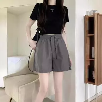 Эластичные шорты с высокой талией и широкими штанинами, быстросохнущие, повседневные, летние, женские, платья, все корейские версии, спортивные, пляжные M чёрный