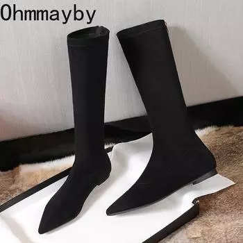 Эластичные современные женские сапоги до колена, модные туфли с острым носком, осень-зима, лаконичные длинные Botas De Mujer 35 чёрный