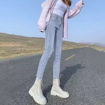 Эластичные светло-голубые облегающие брюки с высокой талией S