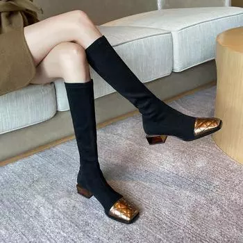Эластичные танкетки, новые женские длинные туфли для женщин, осенние серебристые сапоги до бедра, женские зимние сапоги 2024 года, элегантные корейские сапоги 35 золотой