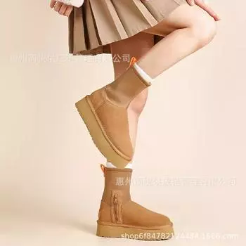 Эластичные тканевые сапоги с ручкой из овчины и меха, женские зимние сапоги 2024 года, однотонные, утолщенные, теплые, средней высоты, из хлопка 34