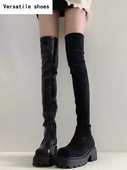 Эластичные тонкие женские сапоги выше колена, модные мягкие кожаные туфли на осень-зиму с толстым каблуком, женские длинные сапоги в рыцарском стиле 35