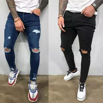 Эластичные узкие джинсы с потертостями до колен, мужские рваные байкерские джинсовые брюки, однотонные потертые уличные черные брюки, мужские спортивные штаны S чёрный