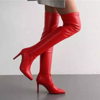Эластичные высокие сапоги женские туфли на шпильках с высоким каблуком сексуальные сапоги выше колена женские остроносые длинные танцевальные туфли красные черные 34