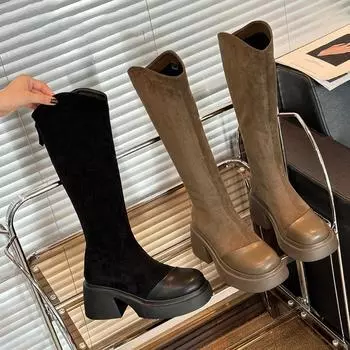 Эластичные женские сапоги до колена, модные длинные ботинки с молнией сзади, осенне-зимняя обувь на квадратном каблуке для женщин 35
