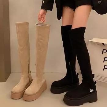 Эластичные женские сапоги выше колена, модные длинные сапоги-ботфорты на платформе, осень-зима, туфли на плоской подошве для женщин 35