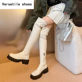 Эластичные женские сапоги выше колена, модные мягкие кожаные туфли на осень-зиму, толстый каблук, женские длинные сапоги в рыцарском стиле 35