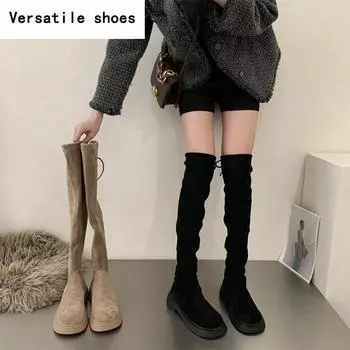 Эластичные женские сапоги выше колена, модные туфли с круглым носком, осенне-зимние, на толстом каблуке, женские длинные сапоги Morder 35