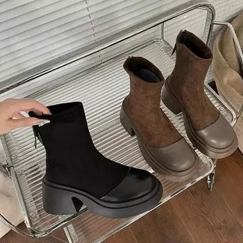 Эластичные женские замшевые ботильоны, модные короткие ботильоны с молнией сзади, осенне-зимняя обувь на квадратном каблуке для женщин 35