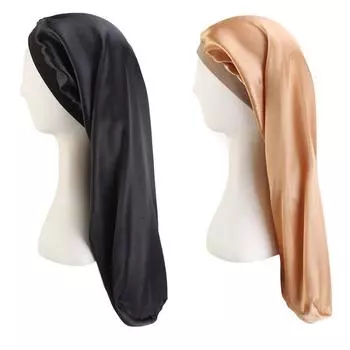 Эластичный атласный капот с широкими краями, длинная шапка для волос, шапки для сна, накидка, ночная шапка, уход за волосами, капот для женщин и мужчин, унисекс, капот чёрный