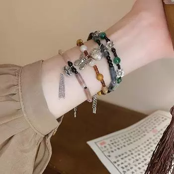 Эластичный браслет с бантом в китайском стиле, простой эластичный браслет для девочек, изысканные винтажные браслеты с камнями и бисером, ювелирные изделия, аксессуары для подарков