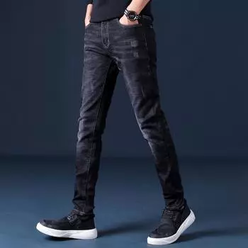 Эластичный деним, мужской, для маленькой ноги, утягивающий деним, корейская версия, универсальный, белый, с царапинами от кошки, деним из бамбуковой пряжи 28