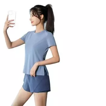 Эластичный, дышащий, удобный комплект для фитнеса и йоги, женский комплект из двух предметов с короткими рукавами, женский спортивный комплект для бега XXL