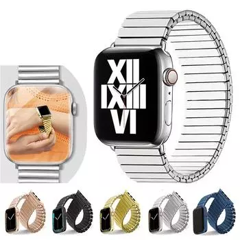 Эластичный металлический ремешок для Apple Watch 38/40/41/42/44/45/49 мм, ремешок для часов из нержавеющей стали для iWatch Series 8, 7, 6, 5, 4, 3, 2, 1, роскошный браслет Ultra Expansion 38mm 40mm 41mm серебряный