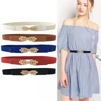 Эластичный пояс для девочек, женские платья, ремни с металлической пряжкой с золотым листом, женский эластичный тонкий пояс на талии one size красный