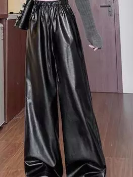 Эластичный пояс кожаные брюки женские 2024 новые матовые кожаные широкие штанины высокая талия драпировка прямые трубчатые S чёрный