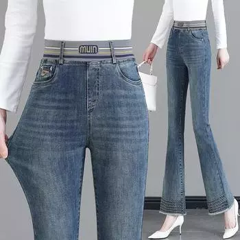 Эластичный пояс, микро-клеш, женские джинсы больших размеров, весенние женские тонкие расклешенные брюки с высокой талией больших размеров 34