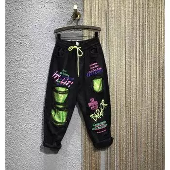 Эластичный пояс на шнурке с рваными отверстиями, блестками, граффити, буквенным принтом, необработанный подол, заниженная промежность, шаровары до щиколотки, джинсы, женские джинсовые брюки M